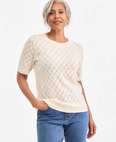 Style & Co Women's Pointelle Crewneck Short-sleeve Sweater, Macy's Exclusive In White