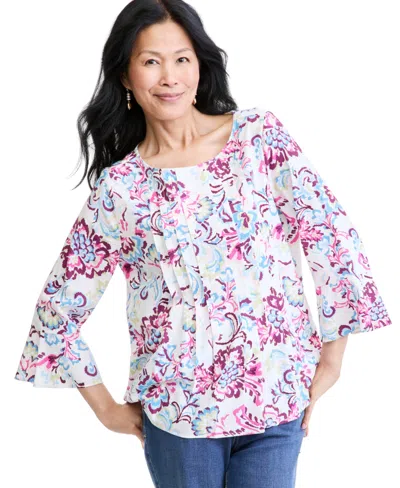 Style & Co Women's Printed Pintuck Popover 3/4-sleeve Blouse, Macy's Exclusive In Multi