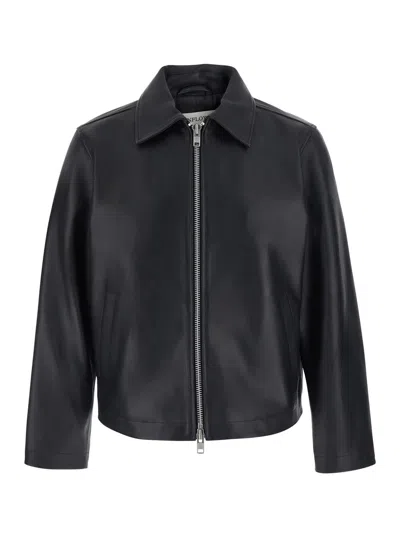 Sunflower Men's Classic Collar Leather Zip-front Jacket In Black