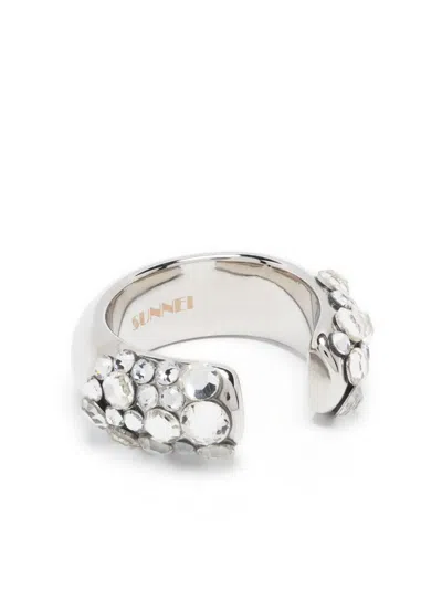 Sunnei Rhinestone-embellished Open-design Ring In Silber