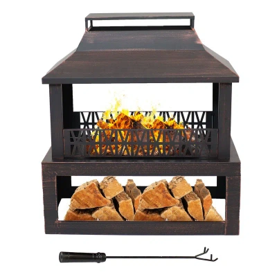 Sunnydaze Decor 32" Steel Outdoor Fireplace With Log Storage In Brown