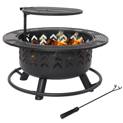 Sunnydaze Decor 32.75" Arrow Motif Steel Fire Pit With Cooking Grate In Black