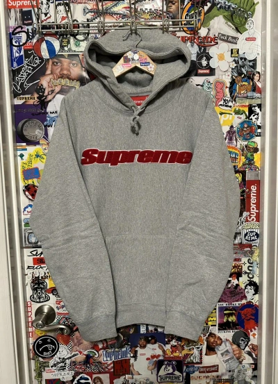 Pre-owned Supreme Ss19  Chenille Hoodie Grey Red Large Box Logo L