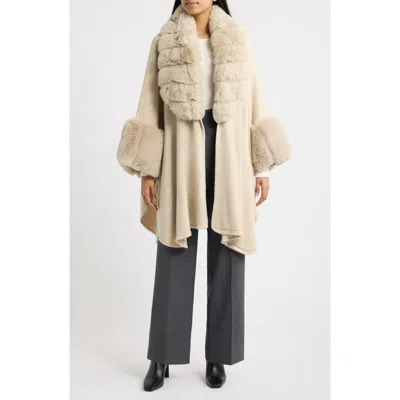 Surell Faux Fur Trim Knit Ruana In Cream