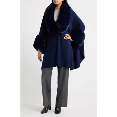 Surell Faux Fur Trim Knit Ruana In Navy