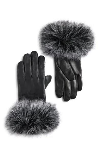 Surell Tech Leather Gloves With Faux Fur Cuffs In Black/silver