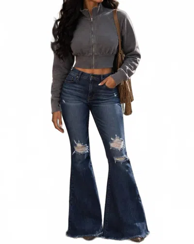 Surelymine High-waisted Distressed Flare Jeans In Dark Wash In Blue