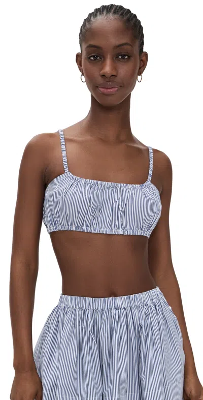Suzie Kondi Bea Shirred Striped Cotton-poplin Bandeau Top In Blue