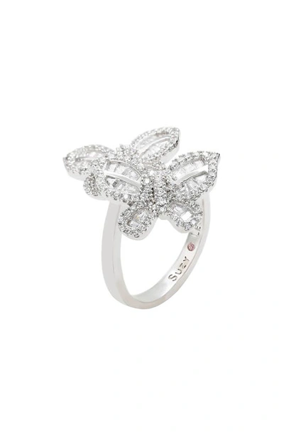 Suzy Levian Sterling Silver Cz Double Butterfly Ring In White
