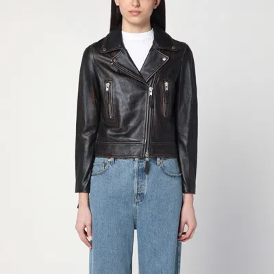 Sword 6.6.44 Black Biker Jacket Vintage Effect In Leather