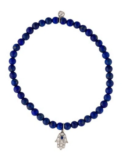 Pre-owned Sydney Evan 14k Lapis Lazuli, Sapphire & Diamond Hamsa Charm Bead Bracelet, 6.25" In Multicolor