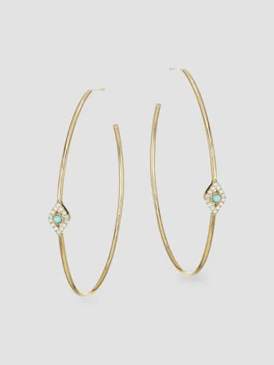 Sydney Evan Turquoise Bezel Eye Hoops In Yellow Gold