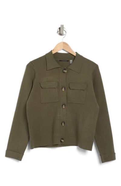 T Tahari Collar Button Front Cardigan In Forever Olive