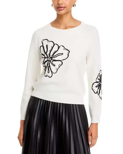 T Tahari Embroidered Floral Crewneck Sweater In White