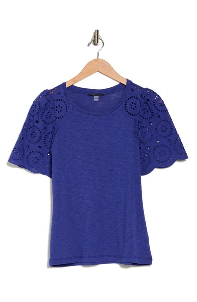 T Tahari Eyelet Embroidered Top In Blue Nouveau