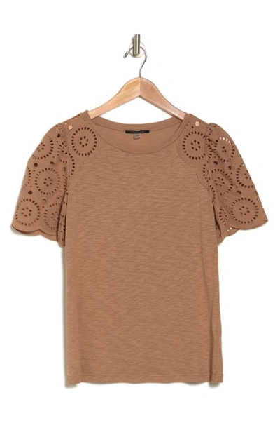 T Tahari Eyelet Embroidered Top In Toffee