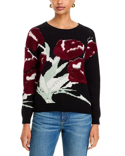 T Tahari Floral Birdseye Jacquard Crewneck Sweater In Black