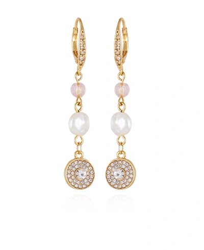 T Tahari Gold-tone Lilac Violet Glass Stone And Imitation Pearl Drop Earrings