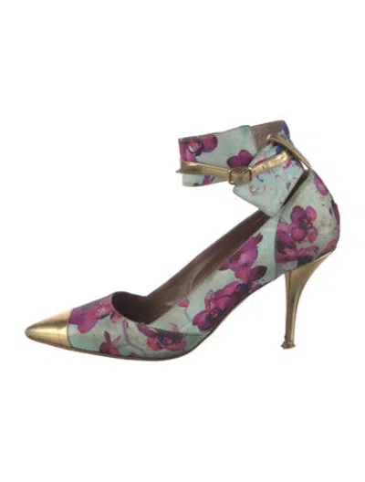Pre-owned Tabitha Simmons Satin Floral Print Pumps In Blue/gold