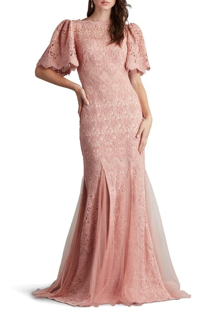 Tadashi Shoji Flutter Sleeve Corded Lace Trumpet Gown In Antique Pink
