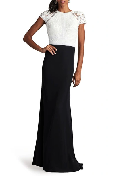 Tadashi Shoji Lace & Crepe A-line Gown In Ivory/ Black