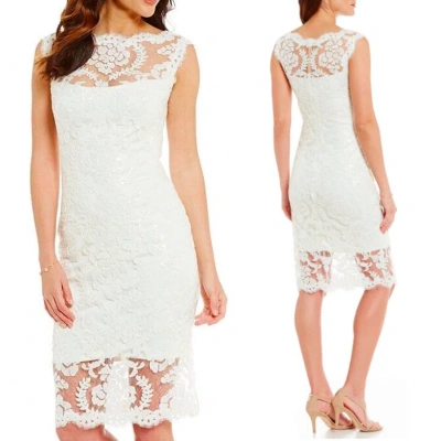 Pre-owned Tadashi Shoji Sequin Lace Cocktail Dress Embroidery Sheath Ivory Size 6 In White