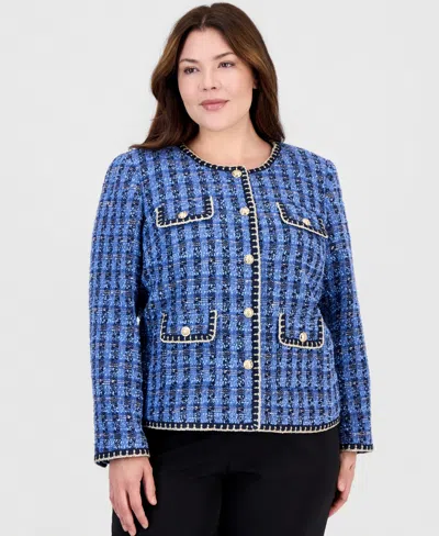 Tahari Plus Size Boucle Cropped Work Jacket In Blue