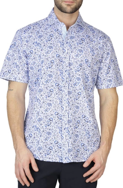 Tailorbyrd Floral Paisley Short Sleeve Shirt In Delft Blue