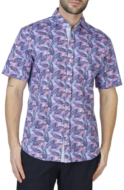Tailorbyrd Tropical Leaves Knit Short Sleeve Shirt In Navy