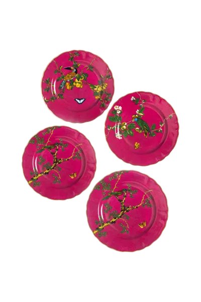 Tania Bulhões Dessert Plate Passaros Do Brasil Pink Set Of Four