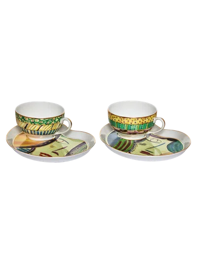 Tania Bulhões Tea Cup And Petit Four Portrait Set Of Two In Multi