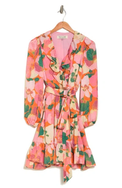 Taylor Dresses Floral Long Sleeve Faux Wrap Dress In Marvelous Pink Malcht