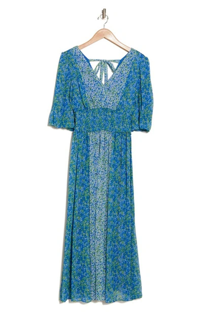 Taylor Dresses Floral Puff Sleeve Smocked Waist Maxi Dress In Lapis Blue Lime