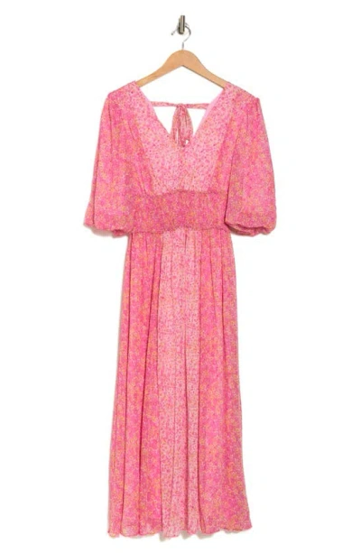 Taylor Dresses Floral Puff Sleeve Smocked Waist Maxi Dress In Nadeshiko Pink