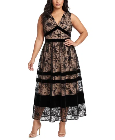 Taylor Plus Size Lace.velvet Combo Fit & Flare Floral-print Dress In Black