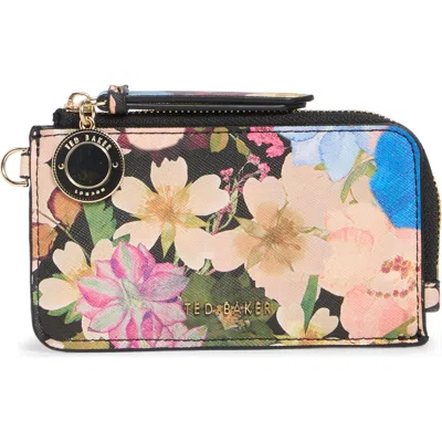 Ted Baker Lulu Floral Faux Leather Card Case In Pink Pressed Flower Black