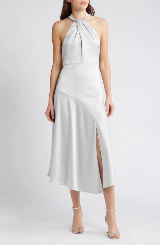 Ted Baker Masae Twist Neck Satin Cocktail Dress In Light Grey | ModeSens