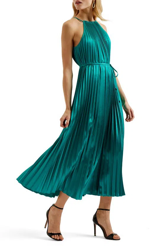 Ted Baker Melike Pleated Satin Midi Dress In Green | ModeSens