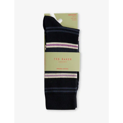 Ted Baker Mens Navy Sokksix Stripe-pattern Stretch Cotton-blend Socks