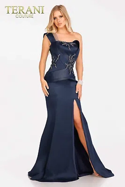 Pre-owned Terani Couture 231e0253 Evening Dress Lowest Price Guarantee Authentic In Navy