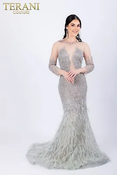 Pre-owned Terani Couture 232gl1437 Evening Dress Lowest Price Guarantee Authentic In Sage Silver