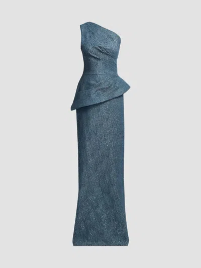 Teri Jon Women's Metallic Jacquard One-shoulder Peplum Gown In Blue