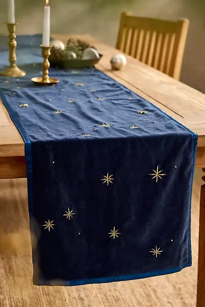 Terrain Celestial Embroidery Velvet Table Runner In Blue