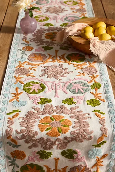 Terrain Colorful Crewel Stitch Cotton Table Runner In Pink