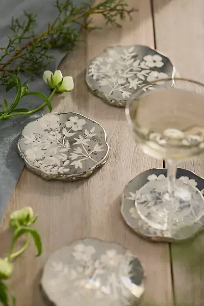 Terrain Etched Floral Mirror Coasters, Set Of 4 In Silver