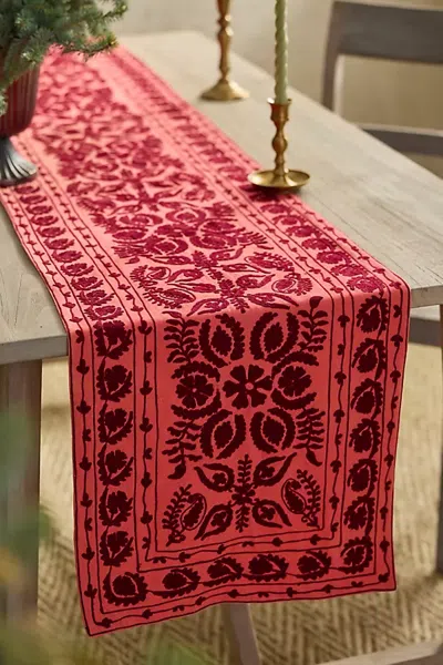 Terrain Red Crewel Stitch Table Runner