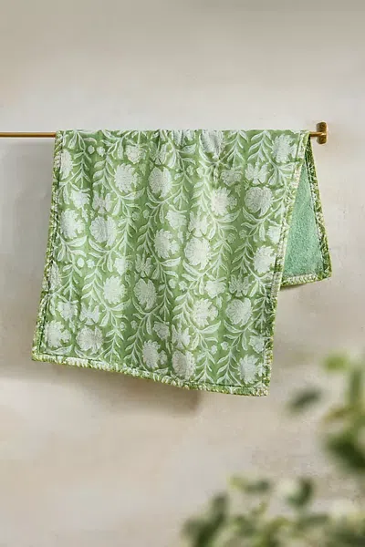 Terrain Stitched Block Print Hand Towel In Green