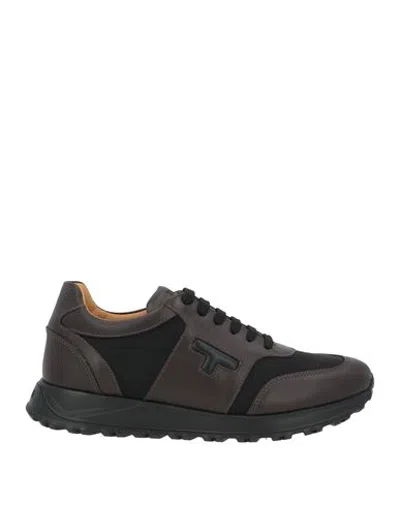 Testoni Man Sneakers Dark Brown Size 6 Calfskin, Nylon