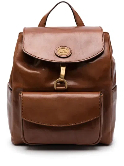 The Bridge Logo-plaque Leather Backpack In Braun