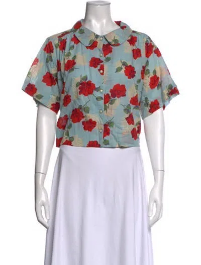 Pre-owned The Great Floral Print Short Sleeve Blouse In Blue